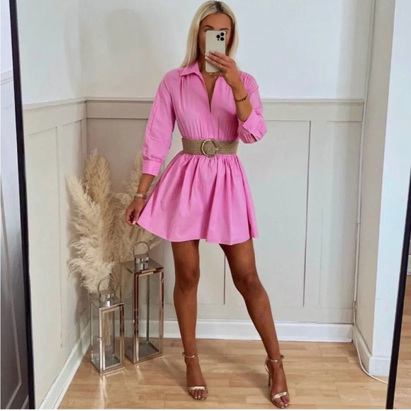 Zara Barbie Pink Short Dress. Poplin Mini Shirt Dress. Medium - Picture 8 of 12